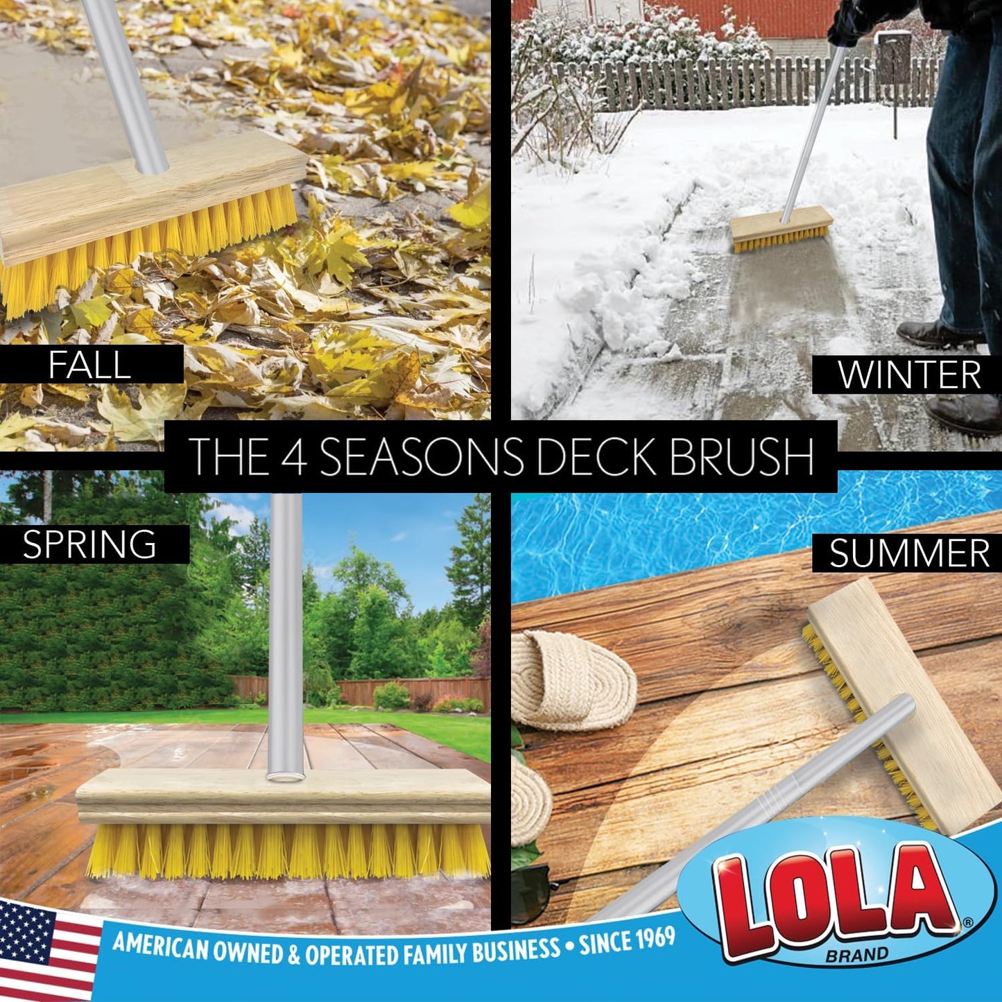 Lola Products Deck Scrub Brush Broom, 9" x 3.5" Wide, Durable Bristles Remove Dirt, Grime, Grout, Leaves, Snow on Patios, Decks, Wet or Dry, 9 Count