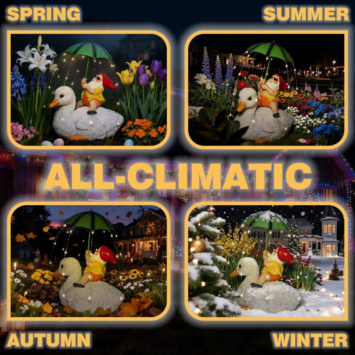 Solar Funny Garden Gnome Duck Figurine LED Lights Decorations for Yard Sculpture Outdoor Statue