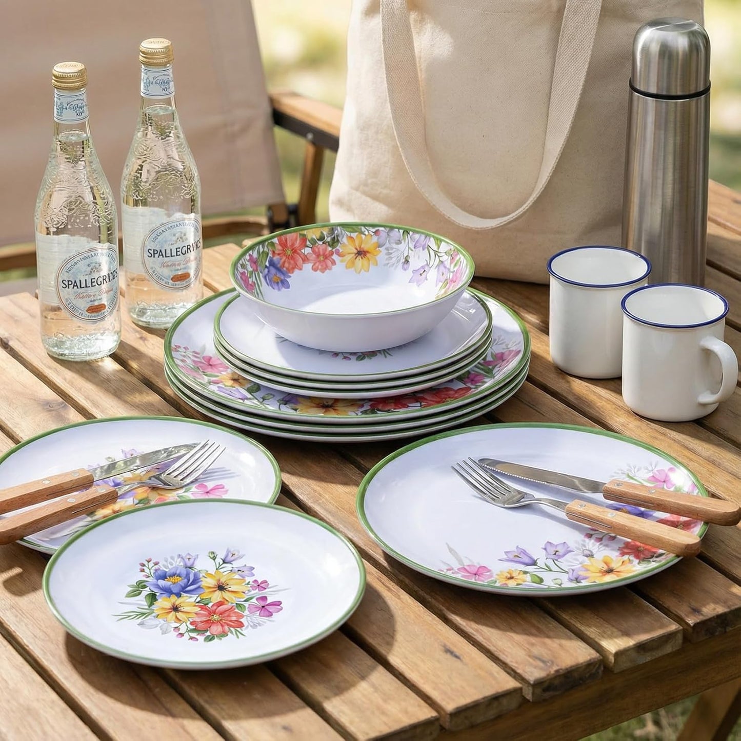 12 Piece Floral Melamine Dinnerware Sets, Green Camping Dishes Set, Spring Lightweight Plates and Bowls Sets, Service for 4, Unbreakable Dishwasher Safe Dish Set for Indoor & Outdoor Use