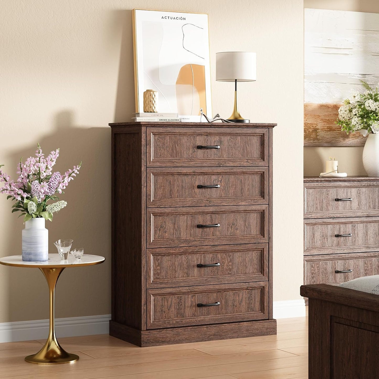 Farmhouse 5 Drawers Dresser for Bedroom, 44" Tall Brown dresser Wood Rustic Chest of Drawers with Wide Metal Handle,Natural Texture,Drawer Organizer for Bedroom,Living Room,Hallway and Entryway