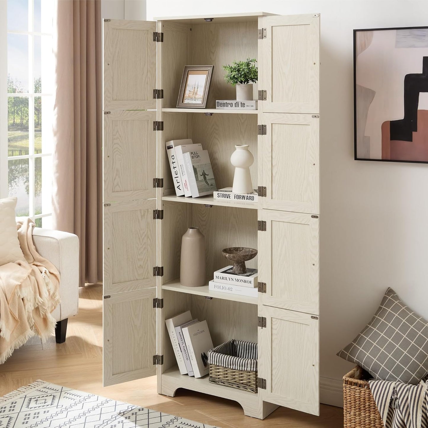Farmhouse Tall Storage Cabinet with 8 Doors, 72" H Wooden Kitchen Pantry with 4 Shelves, 4-Tier Freestanding Bookshelf, Rack for Living Room (White & Style 2)