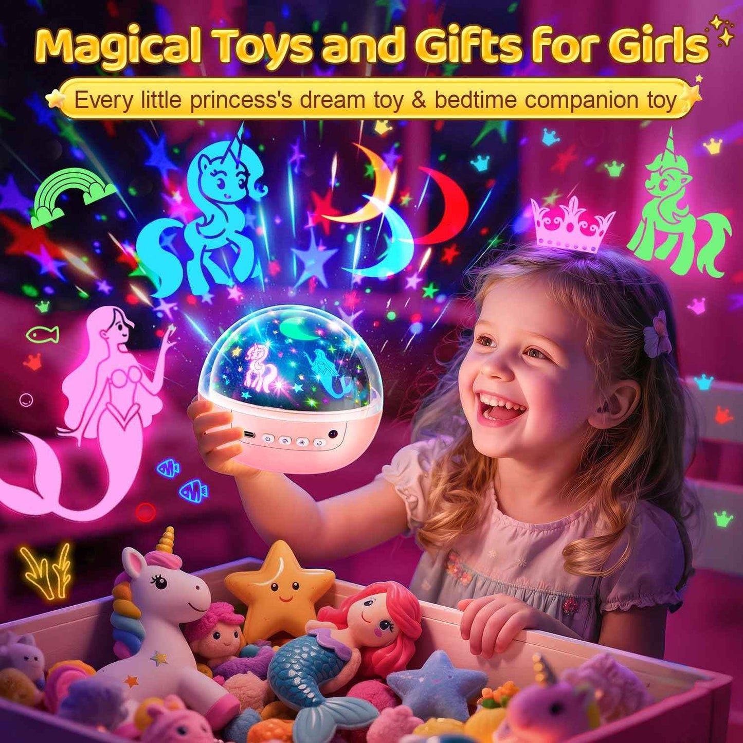 Girl Gifts & Toys, 【3 Film & 93 Colors】Kids Night Light Projector, Unicorn Toys+Princess Toys+Mermaid Toy+Night Light for Kids, 4 Year Old Girl Birthday Gifts, Juguetes para Niñas, Muñecas para Niñas