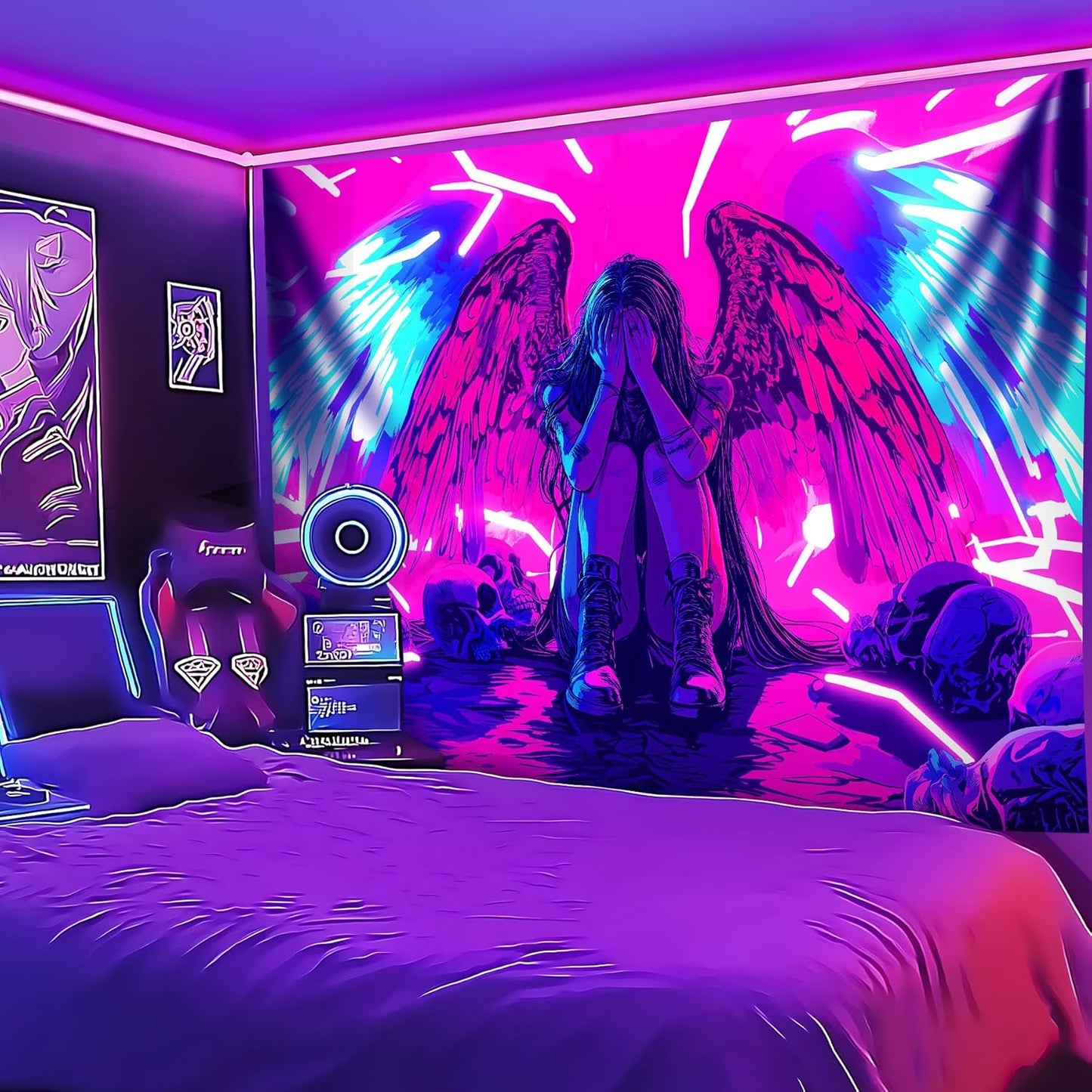 Blacklight Tapestry,WingTapestry Glow In The Dark,UV Reactive Black Light Upright Posters Wall Hanging for Bedroom Dorm Living Room Backdrop Decor (wing5, 79L" x 59W")