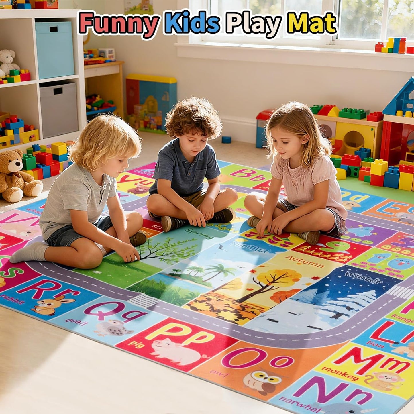 UKISS ABC Kids Rug,Toddler Educational Play Rug for Learning Alphabet, Numbers, Colors, Seasons and Animal Words,55"x55"Washable Classroom Area Rugs,Non-Slip Kids Play Mat Carpet for Playroom