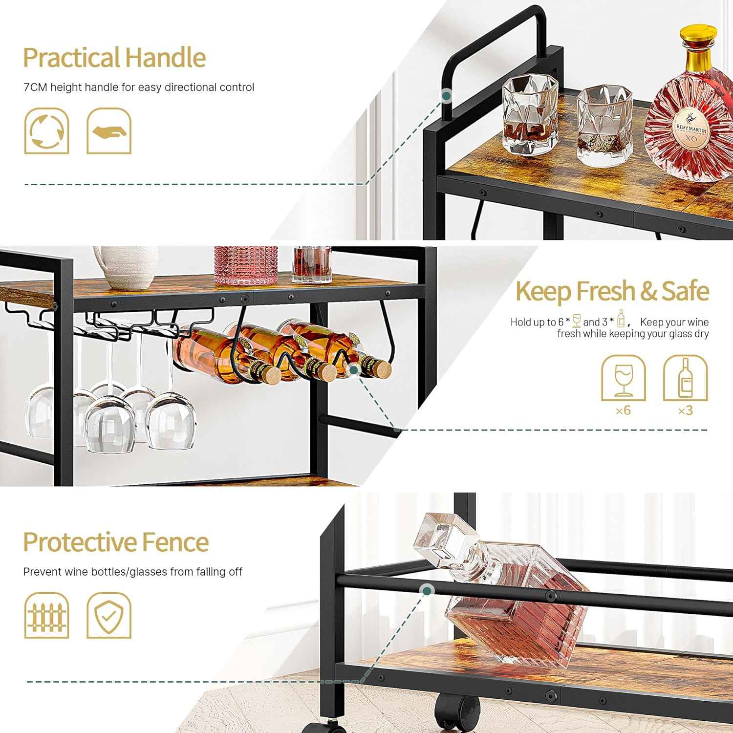 Bar Cart, Serving Cart for Home, Microwave Cart, Drink Cart, Mobile Kitchen Shelf with Wine Rack and Glass Holder, Rolling Beverage Cart for Dining Room(Rustic Brown and Black)