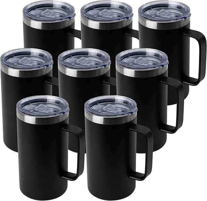 DOMICARE 24oz Mug with Handle and Lid, Stainless Steel Coffee Mug, Travel Mug with Handle, Double Wall Vacuum Coffee Tumbler, Reusable Insulated Cup, Black, Pack 8