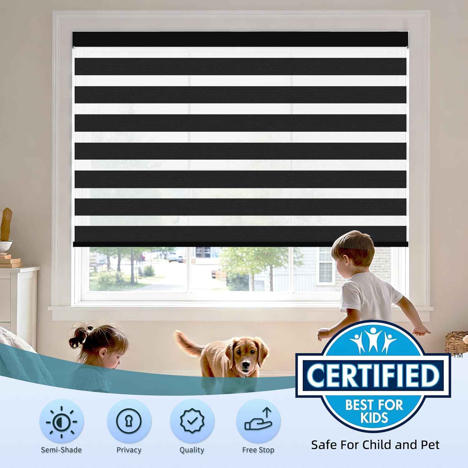 Cordless Zebra Blinds for Windows (22" W X 72" H, Black) Free-Stop Zebra Roller Shades Dual Layer Light Filtering Privacy for Day and Night, Light Control for Home, Bedroom, Office