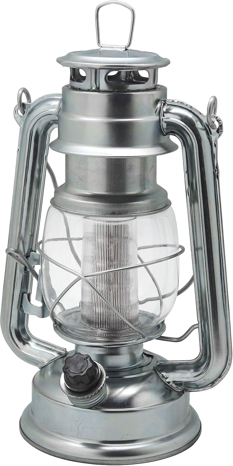 YAKii LED Vintage Lantern Metal Hanging Hurricane 12 LED Dimmer Switch Cold White Battery Operated Power Outage Indoor Camping Lighting Outdoor Brooklyn Decoration(Silver)