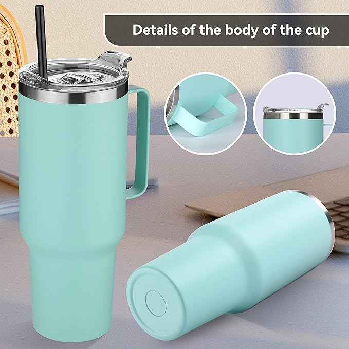 HASLE OUTFITTERS 40 oz Stainless Steel Tumbler with Handle, Vacuum Insulated Tumblers Bulk, Reusable Double Wall Travel Coffee Mug, Durable Powder Coated Water Bottles(Mint Green, 8)