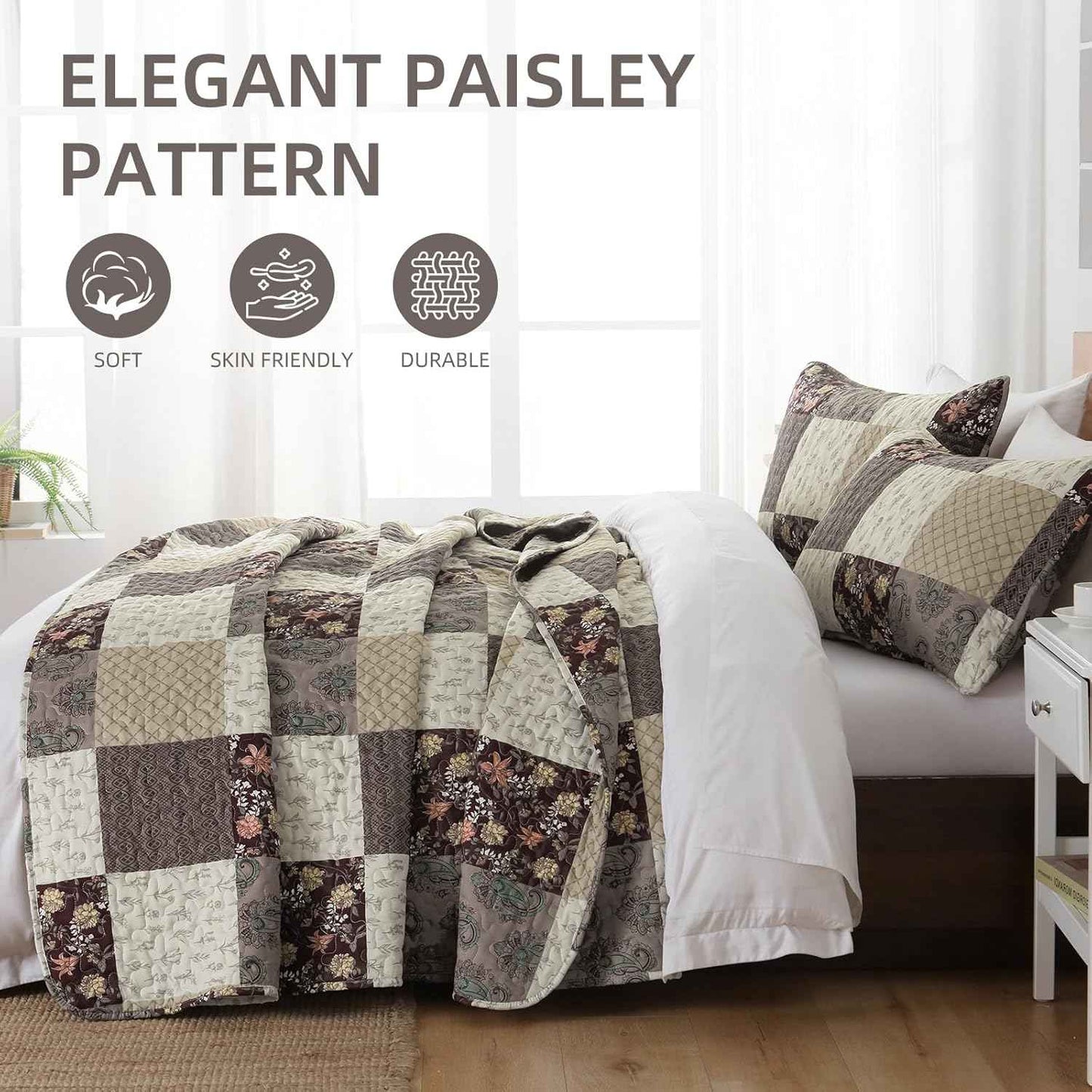 Xruibed Floral Plaid Patchwork Fall Quilt Set Queen Size 3 Pieces Taupe Beige Khaki Bedspread Set Reversible Quilt Bedding Set Microfiber Bedding Bedspread Coverlet Set for All Season(Queen 96"x90")