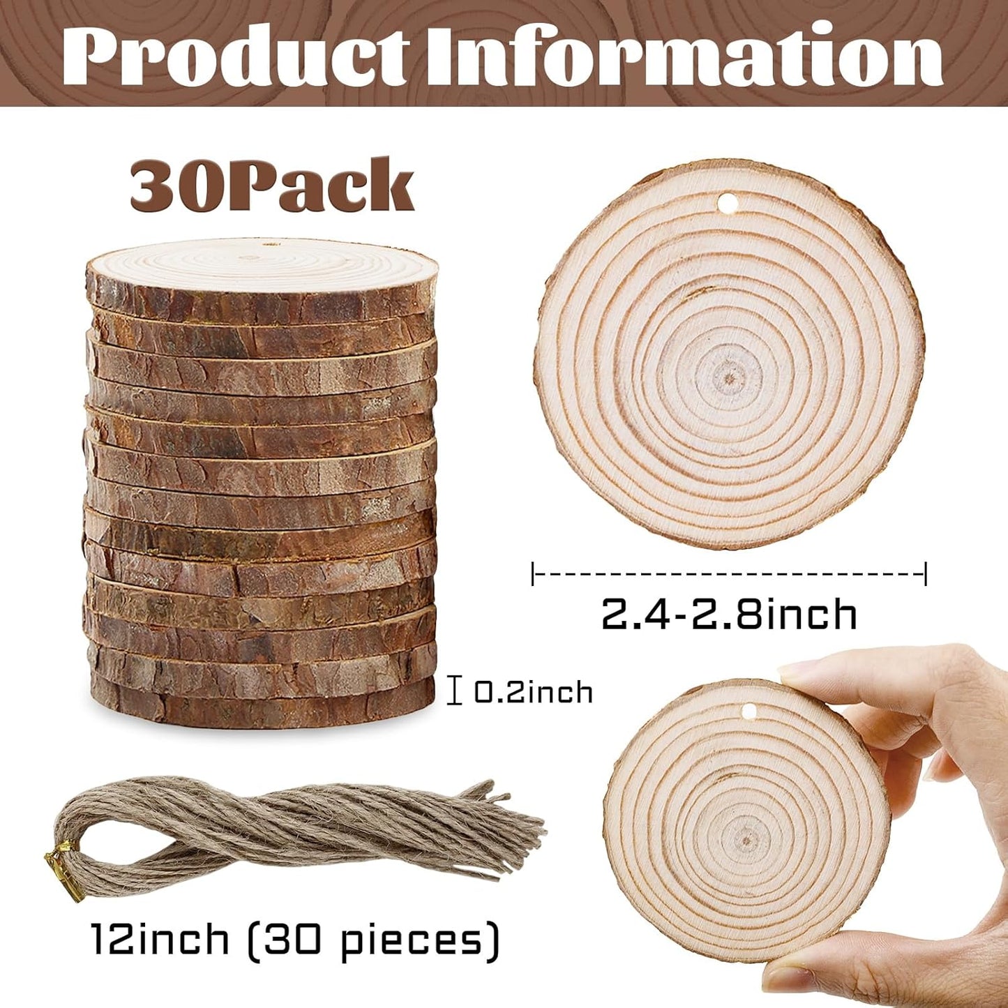 Natural Wood Slices Round Wooden Discs for Crafts 30 Pcs Unfinished Tree Bark Slices Wood Circles for Centerpieces Blank Wooden Christmas Ornaments with Hole for DIY Christmas Arts Painting Wedding