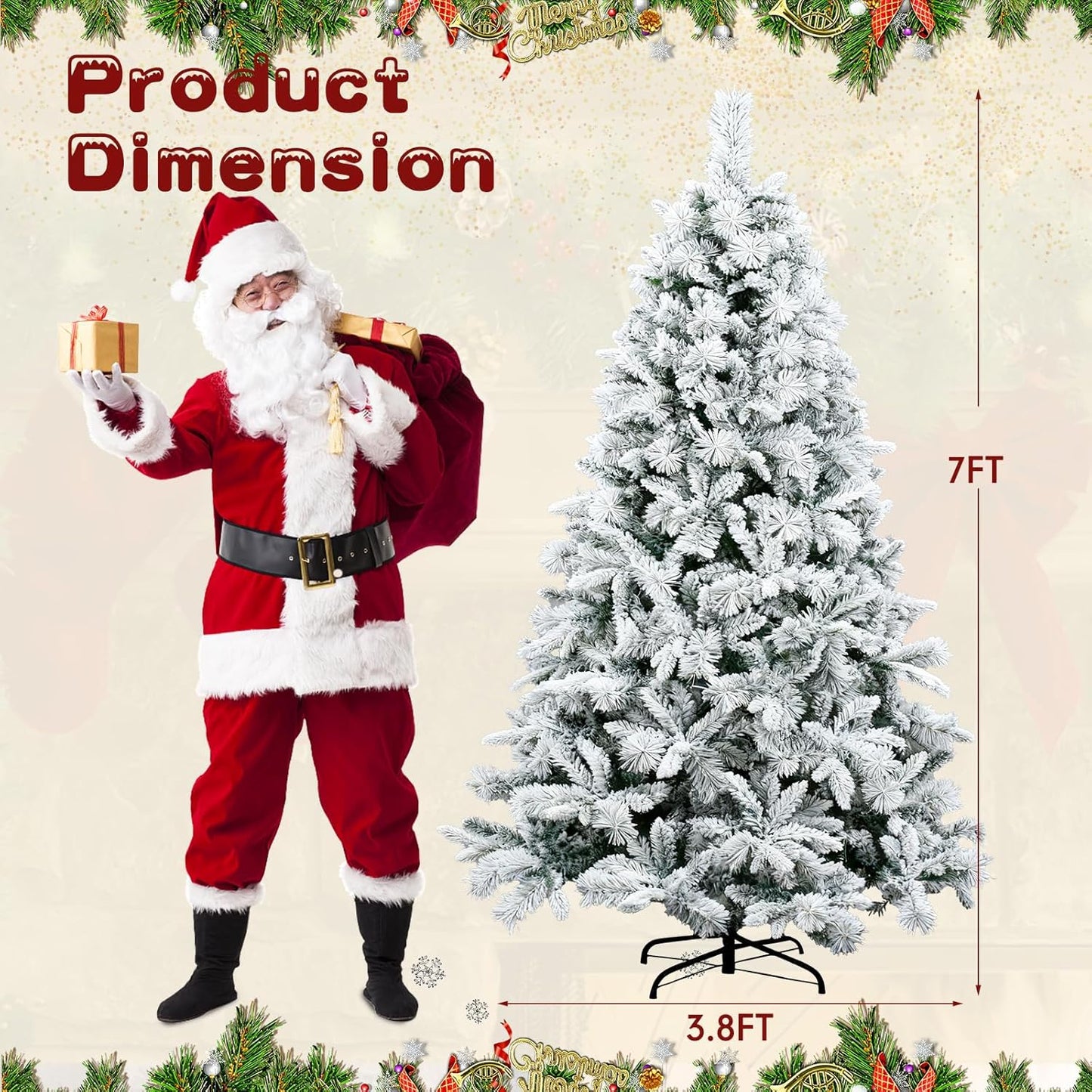 7Ft Prelit Christmas Tree,Snow Flocked Artificial Hinged Holiday Christmas Pine Tree,Xmas Tree w/400 LED Lights and 1500 Snow Flocked Branch Tips for Home,Office,Party Decoration