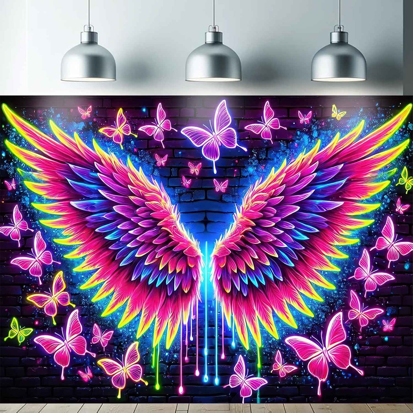 Starlit Patio Blacklight Angel Wings Tapestry UV Reactive Glow in The Dark Butterflies Wall Hanging Trippy Fluorescent Neon Art Poster for Bedroom Living Room Dorm Aesthetic Decor 78 x 59 Inches