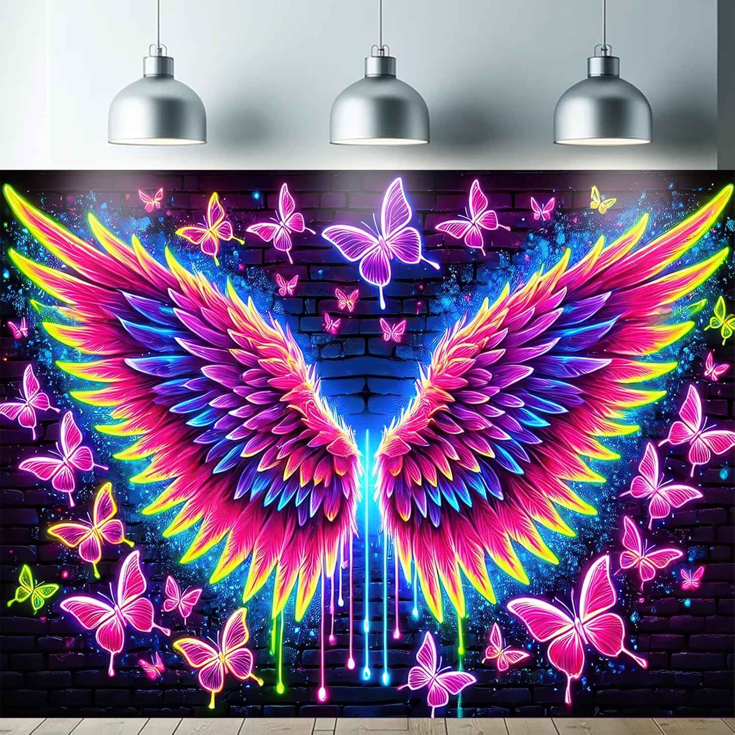 Starlit Patio Blacklight Angel Wings Tapestry UV Reactive Glow in The Dark Butterflies Wall Hanging Trippy Fluorescent Neon Art Poster for Bedroom Living Room Dorm Aesthetic Decor 78 x 59 Inches
