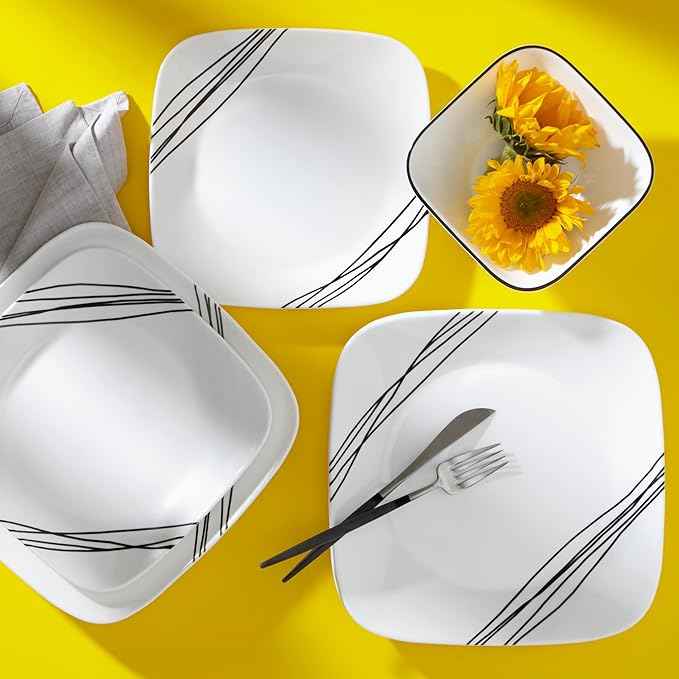 Corelle Vitrelle 18-Piece Service for 6 Dinnerware Set Triple Layer Glass and Chip Resistant, Lightweight Square Plates and Bowls Set, Simple Sketch