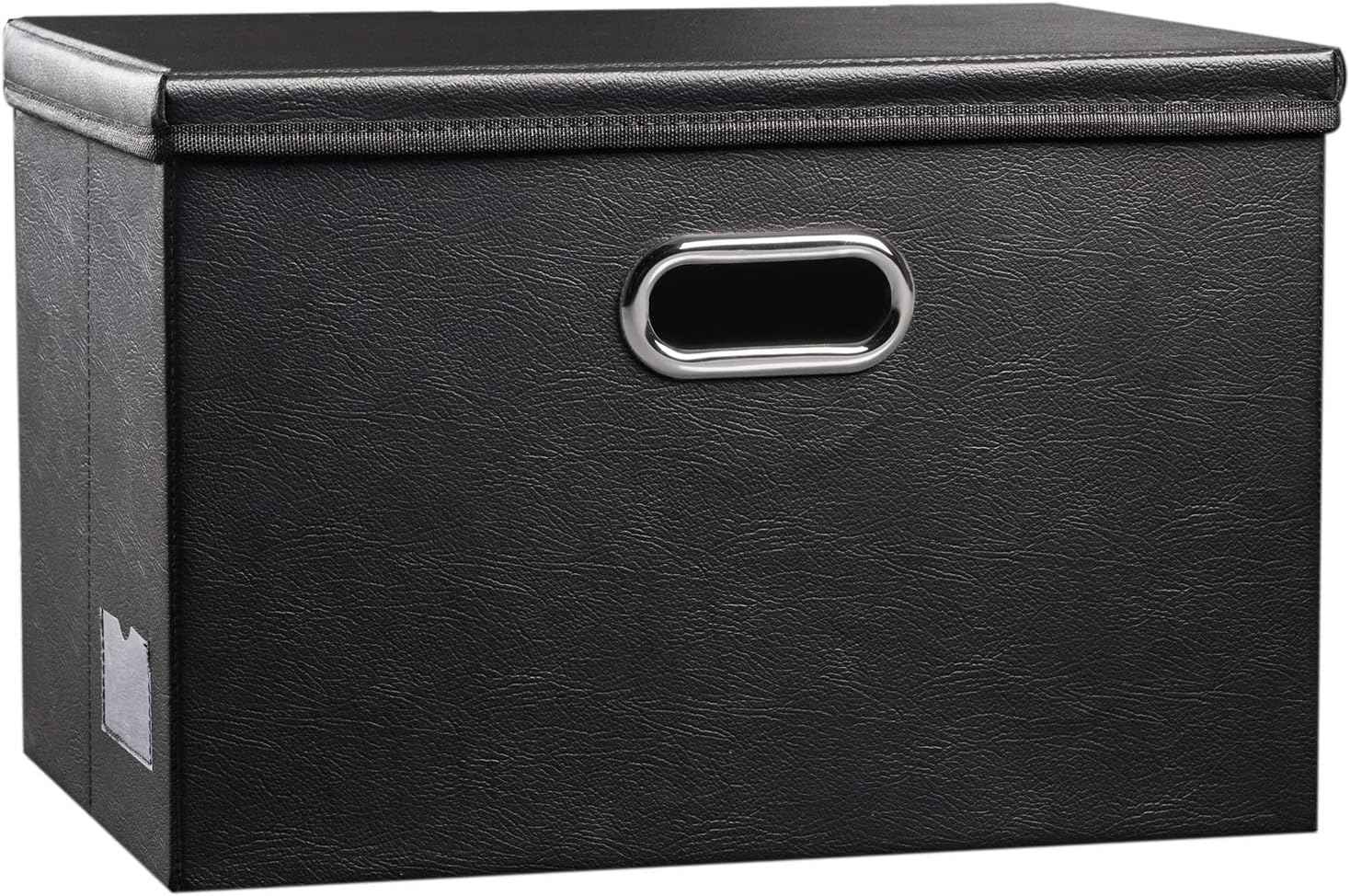 PRANDOM Large Collapsible Storage Bin with Lid [1-Pack] Leather Fabric Foldable Storage Box Organizer Containes Basket Cube with Cover for Home Bedroom Closet Office Nursery Black (17.7x11.8x11.8)