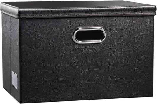 PRANDOM Large Collapsible Storage Bin with Lid [1-Pack] Leather Fabric Foldable Storage Box Organizer Containes Basket Cube with Cover for Home Bedroom Closet Office Nursery Black (17.7x11.8x11.8)