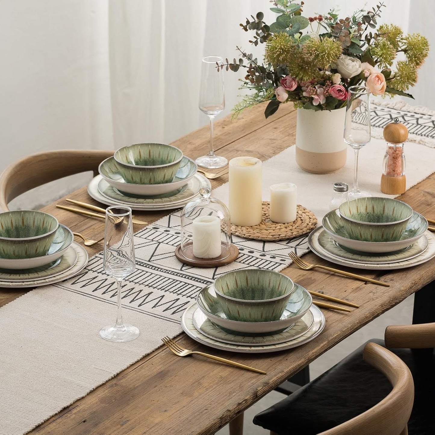 MissYip Melamine Dinnerware Set, 16 Piece for 4, Unbreakable Kitchen Plastic Plates and Bowls set, Indoor and Outdoor Use Tableware, BPA Free, Dishwasher Top Safe, Not Microwave, Not Oven(Green)