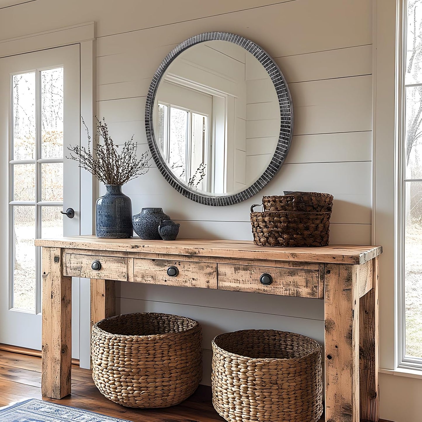 35" Round Wood Mirror, Rustic Circle Wall Mirror with Beveled, Wooden Round Mirror for Wall Decor, Decorative Wall-Mounted Mirror for Entryway, Living Room, Washed Black Frame