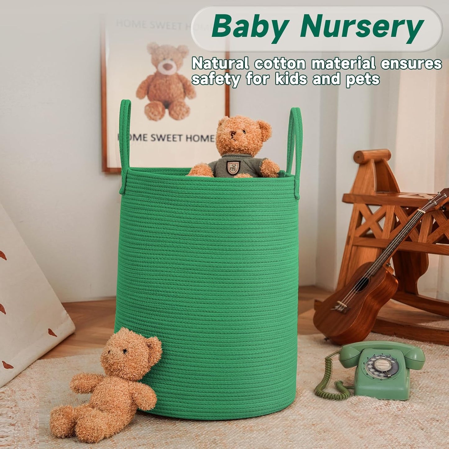 Large Woven Laundry Basket Hamper,80L Cotton Rope Storage Bin for Blankets,Toys and Clothes,Decorative Tall Nursery Hamper for Living Room,Baby Nursery,Bathroom and Bedroom,Dark Green