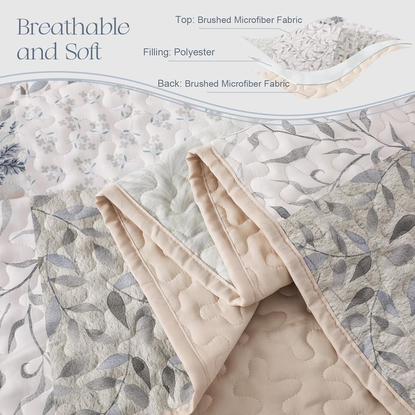 Exclusivo Mezcla Reversible Boho Quilt Set Queen Size, 3 Pieces Patchwork Gray All Season Bedspreads, Ultra Soft Floral Coverlet Bedding Set with Printed Pattern (1 Quilt, 2 Pillow Shams)