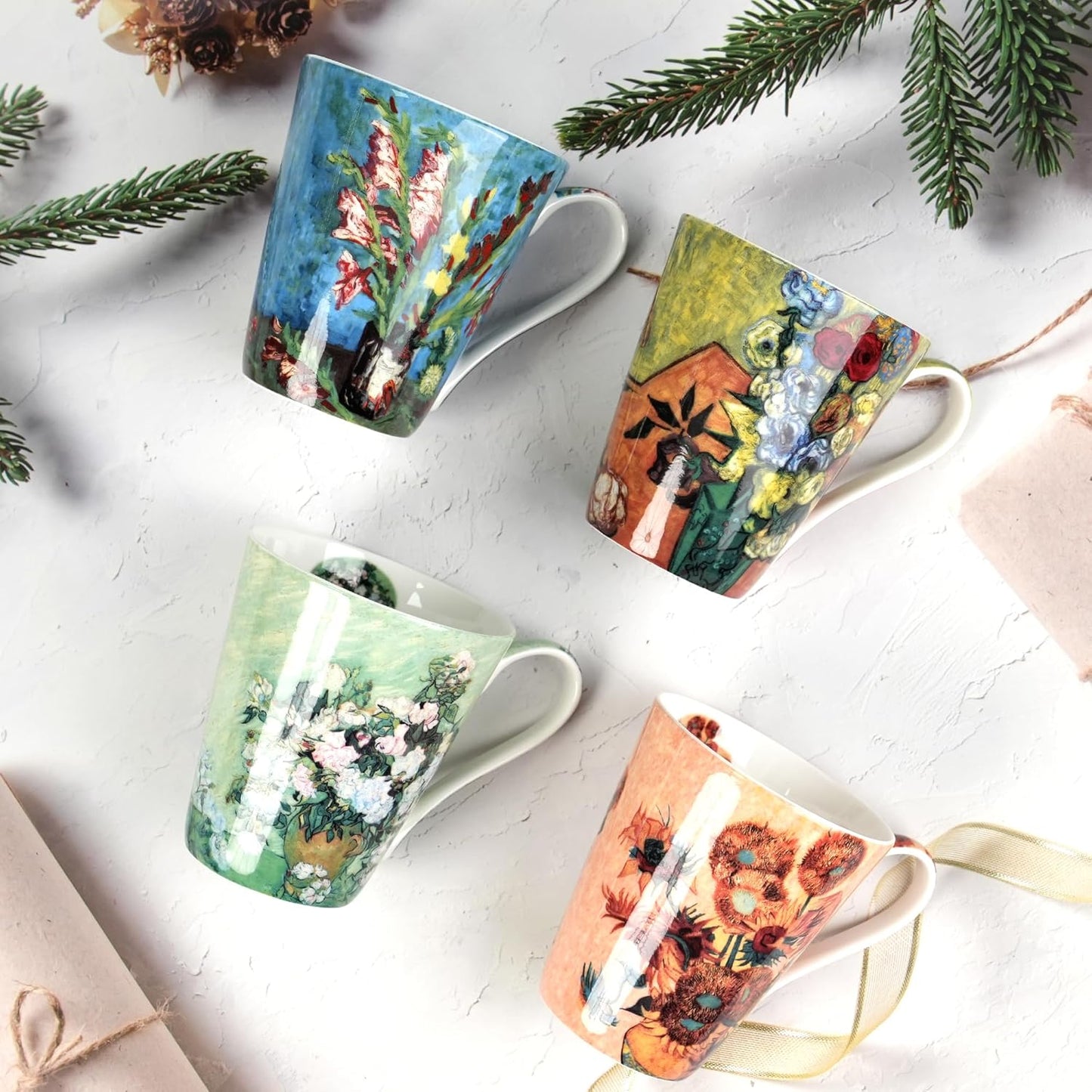 Coffee Mug Sets of 4, 12oz Bone China Porcelain Cups with Art Print Large Handle Dishwasher Microwave safe for Tea Cocoa or Hot Chocolate