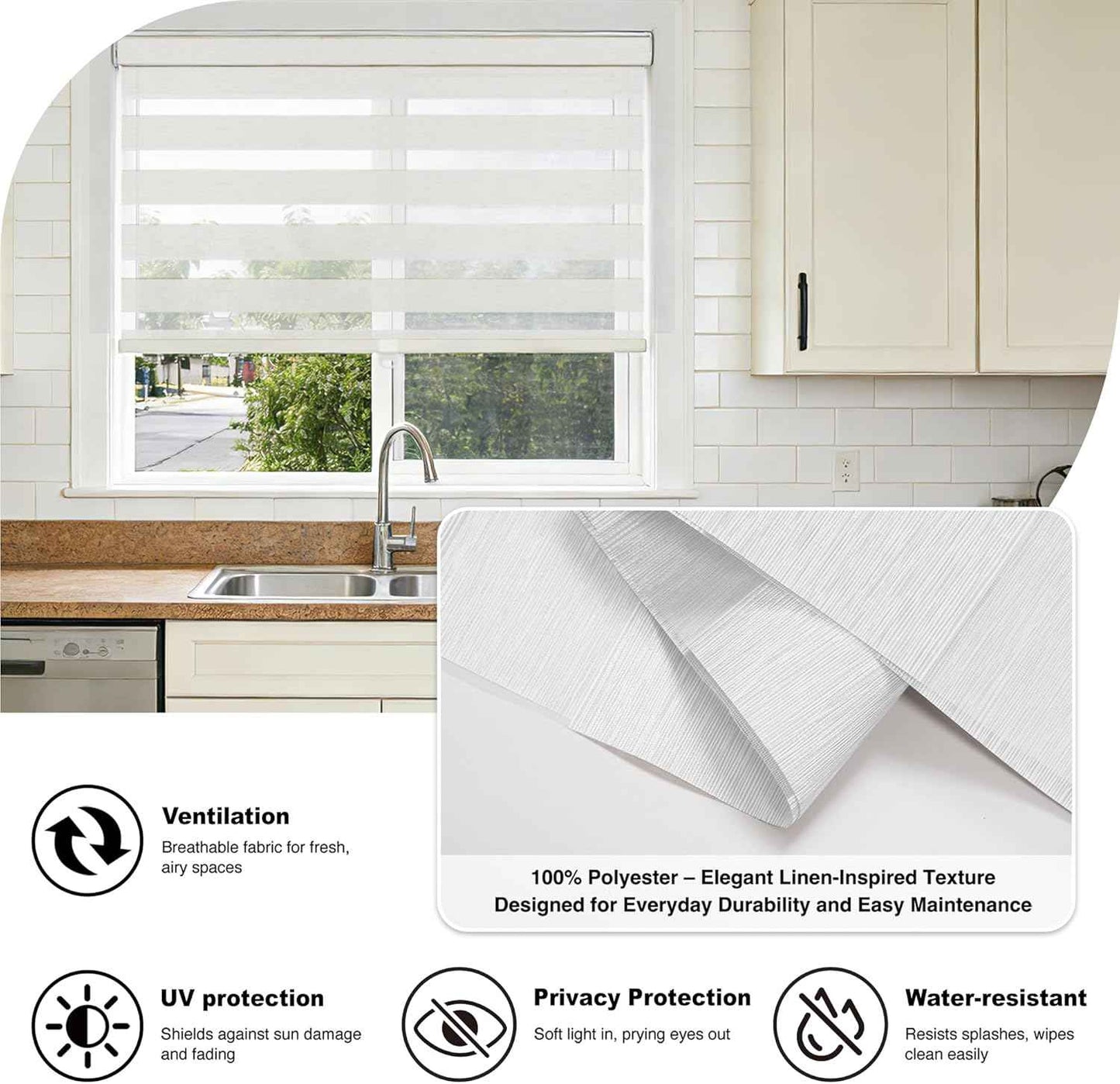 HESTIA Cordless Light Filtering Zebra Shades for Windows, Day Night Dual-Layer Linen-Look Woven Fabric Roller Shades, Privacy Light Control for Living Room/Home Office, Grey White, 68" W x 72" H