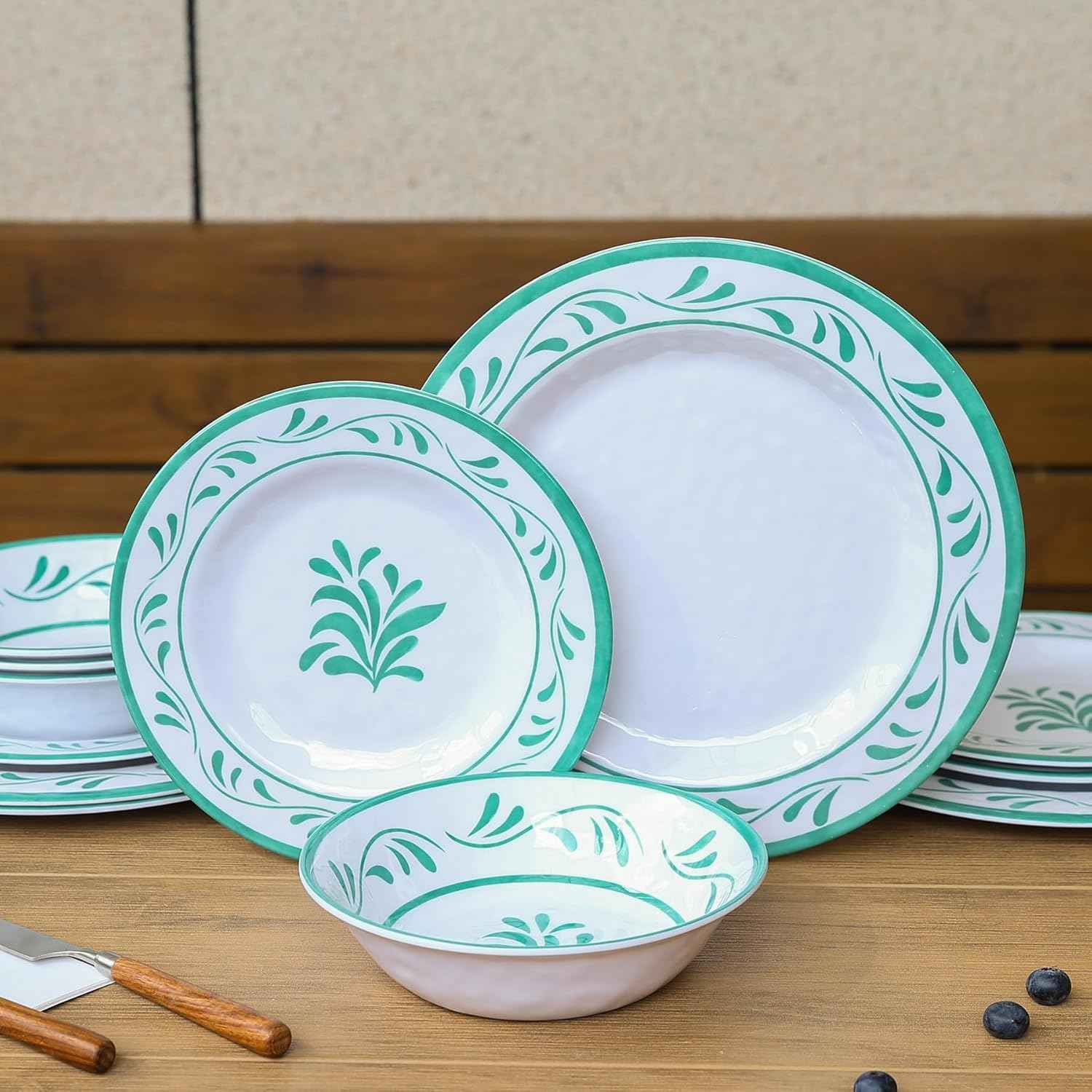 Melamine Dinnerware Sets 12 Pcs, Melamine Plates and Bowls,Party Plates and Bowls Sets, Camping Dishes Set for 4, Unbreakable, BPA Free, Dishwasher Safe （Green water drop flower）