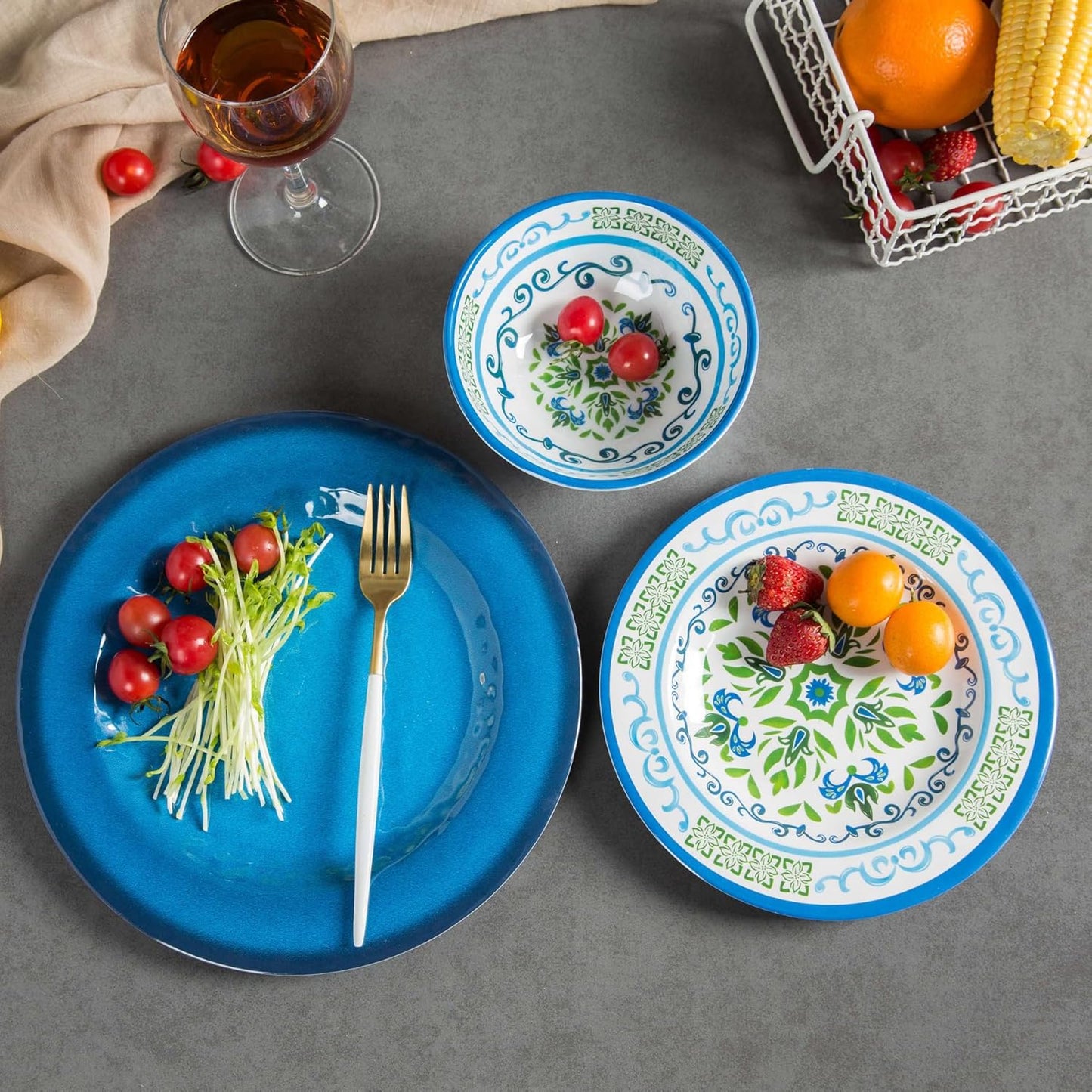 12-Piece Melamine Dinnerware Set – Unbreakable Plates and Bowls Sets,4 Dinner Plates + 4 Salad Plates + 4 Cereal Bowls,Camping Dishes Set for Indoor/Outdoor Use, Dishwasher Safe, Service for 4