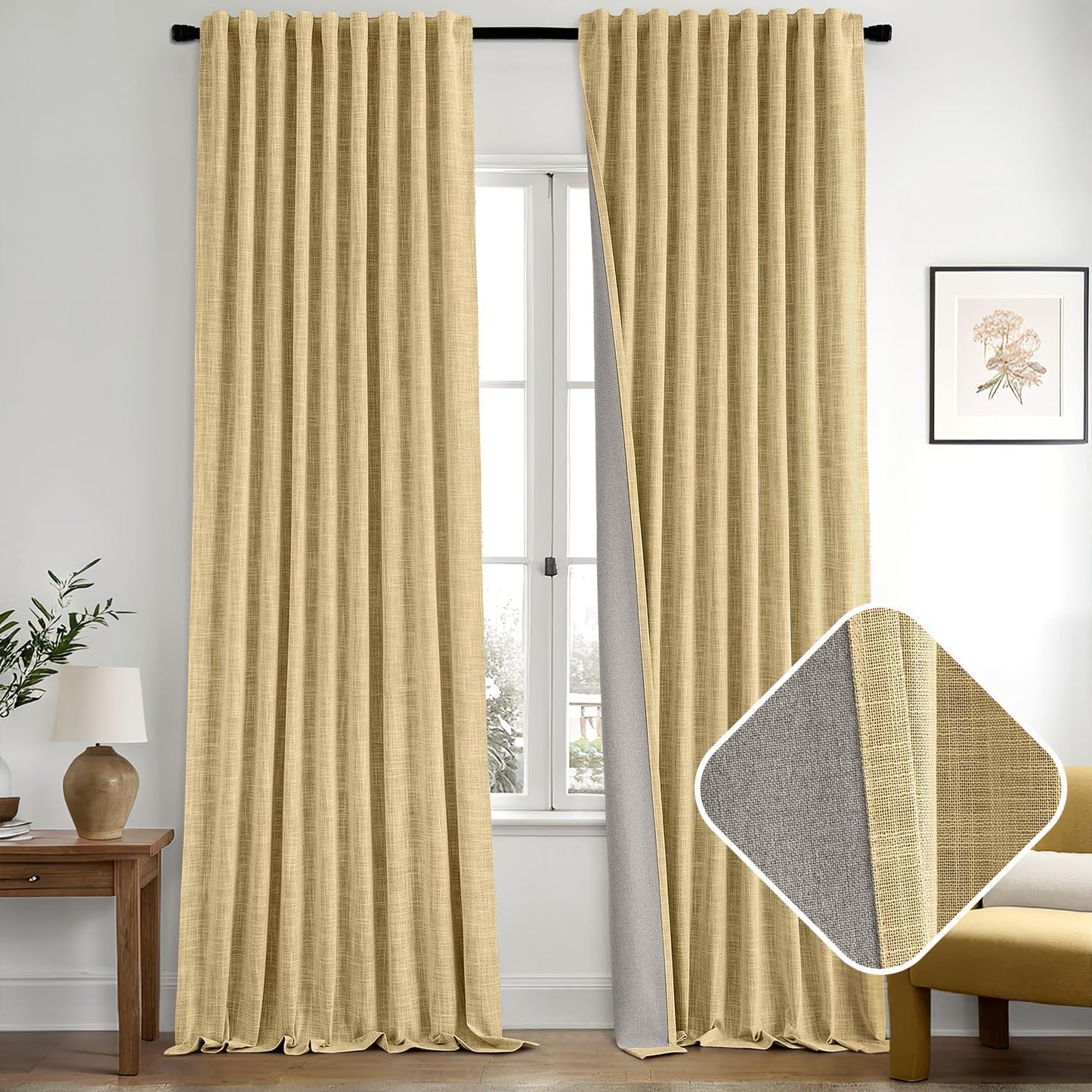 MIULEE Yellow 100% Blackout Linen Curtains 84 Inch 2 Panels Set Double Sided No Coating Pleated Back Tab Black Out Long Thermal Insulated Pinch Pleat Bedroom Living Room Darkening Window Drapes