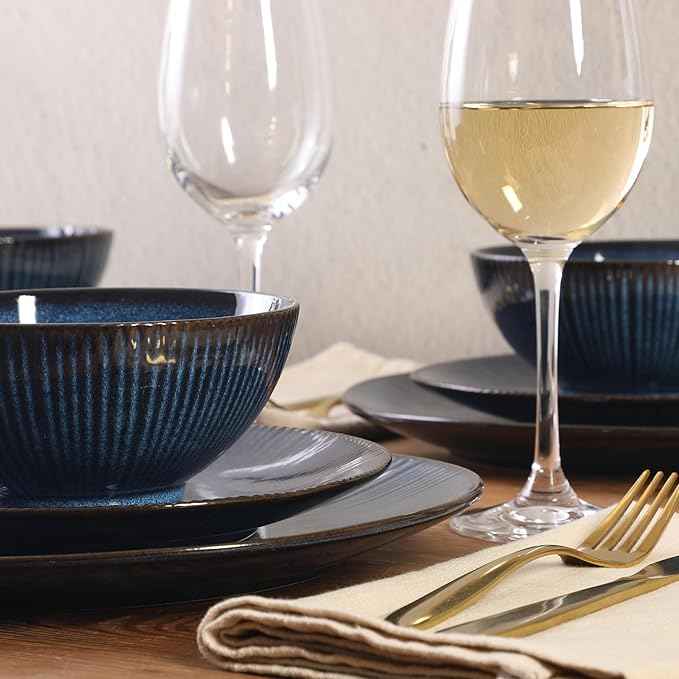 Gibson Elite Midnight Lune Plates and Bowls Sets, 12-Piece Stoneware Dinnerware Sets, Reactive Glaze Dish Set - Blue