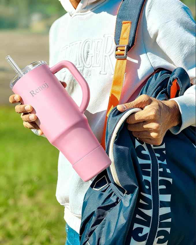 Renoj Insulated Mug 100% Spill Resistant Insulated Water Bottle for Iced Coffee & Hot Drinks - Fits Car Cup Holder, Ideal Gift, 2 Straws & Silicone Boot - FlexSlide Pink 40 oz