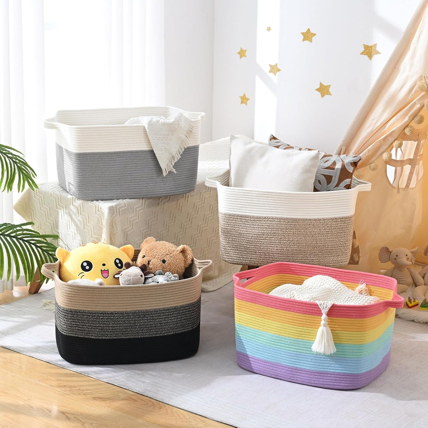 Large Blanket Basket, 60L Storage Baskets for Organizing, Woven Laundry Basket for Blankets, Cotton rope Blanket Storage for Living Room, Nursery Room, 19.7" L x 15.74" W x 11.8" H, Brown