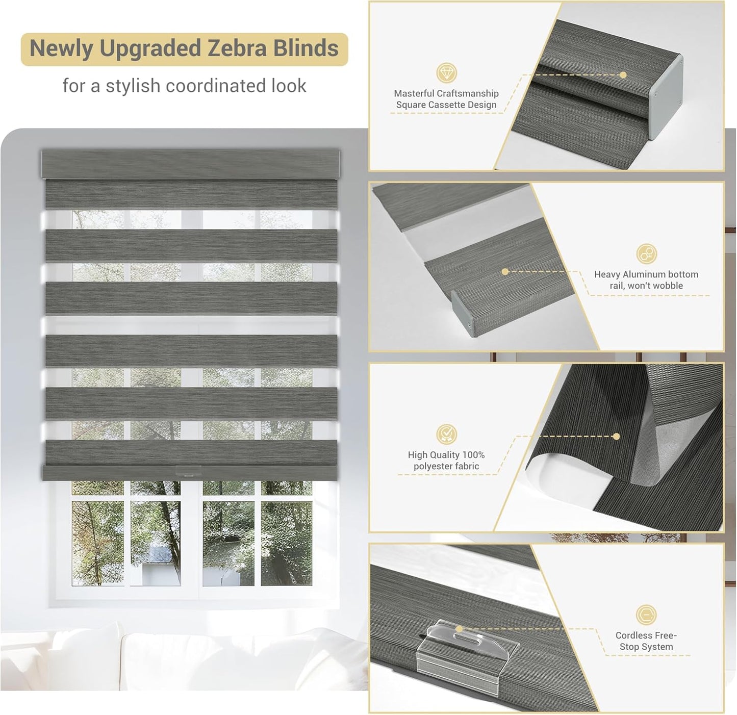Cordless Zebra Blinds for Windows, Blackout Interior Blinds,Easy to Install,UV Protection,for Offices and Home,Custom Roller Shades, Mousse Grey,51" W x 88" H