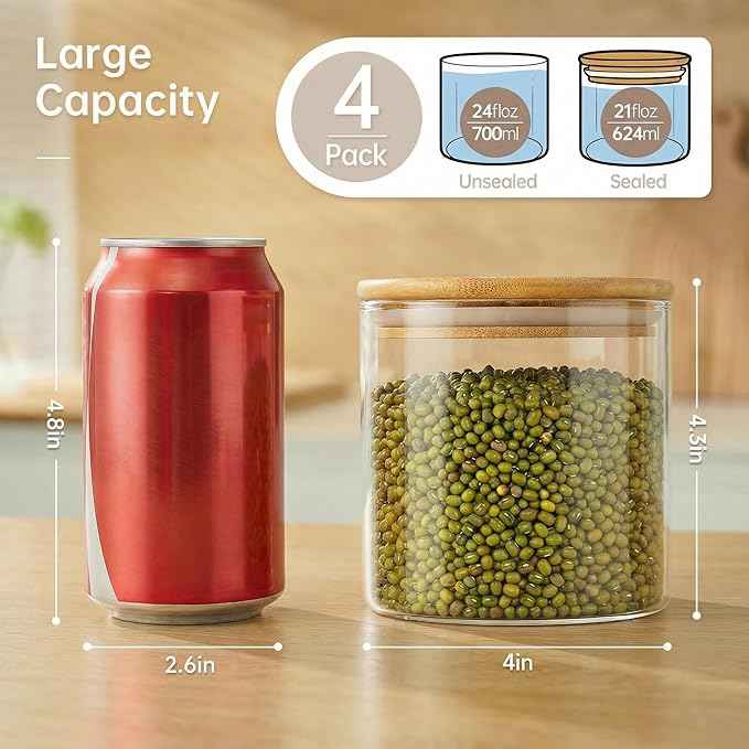 HomArtist 21oz - 4 Pack Glass Jars with Bamboo Lids, Glass Food Storage Containers with Airtight Lids, Air Tight Pantry Storage Containers for Coffee, Sugar, Spice, Meal Prep Jars for Salad & Fruit