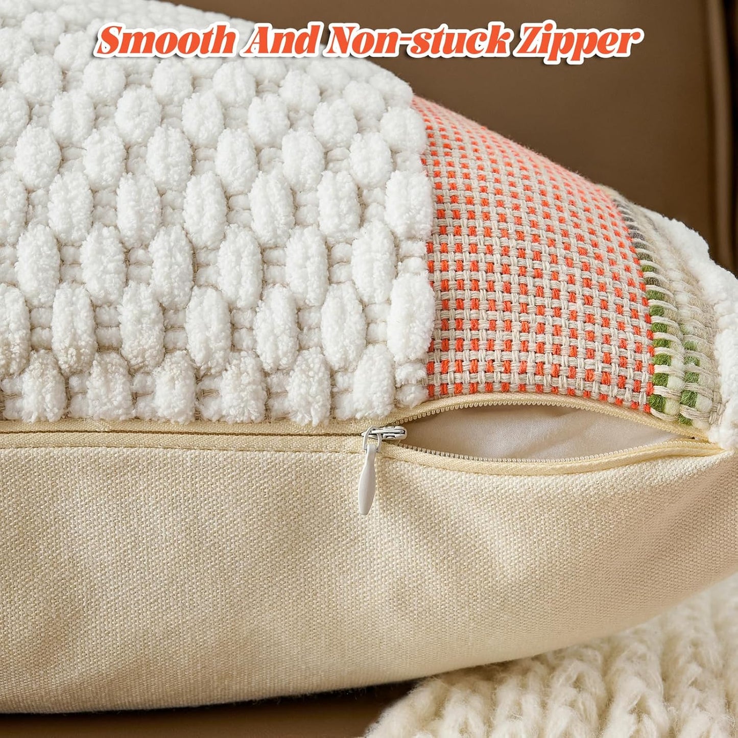 AmHoo Set of 2 Chenille Striped Textured Boho Throw Pillow Covers Aesthetic with Tassels Woven Decorative Pillow Case for Couch Bed Sofa Bedroom Modern Funky 18 x 18-Inch White Orange