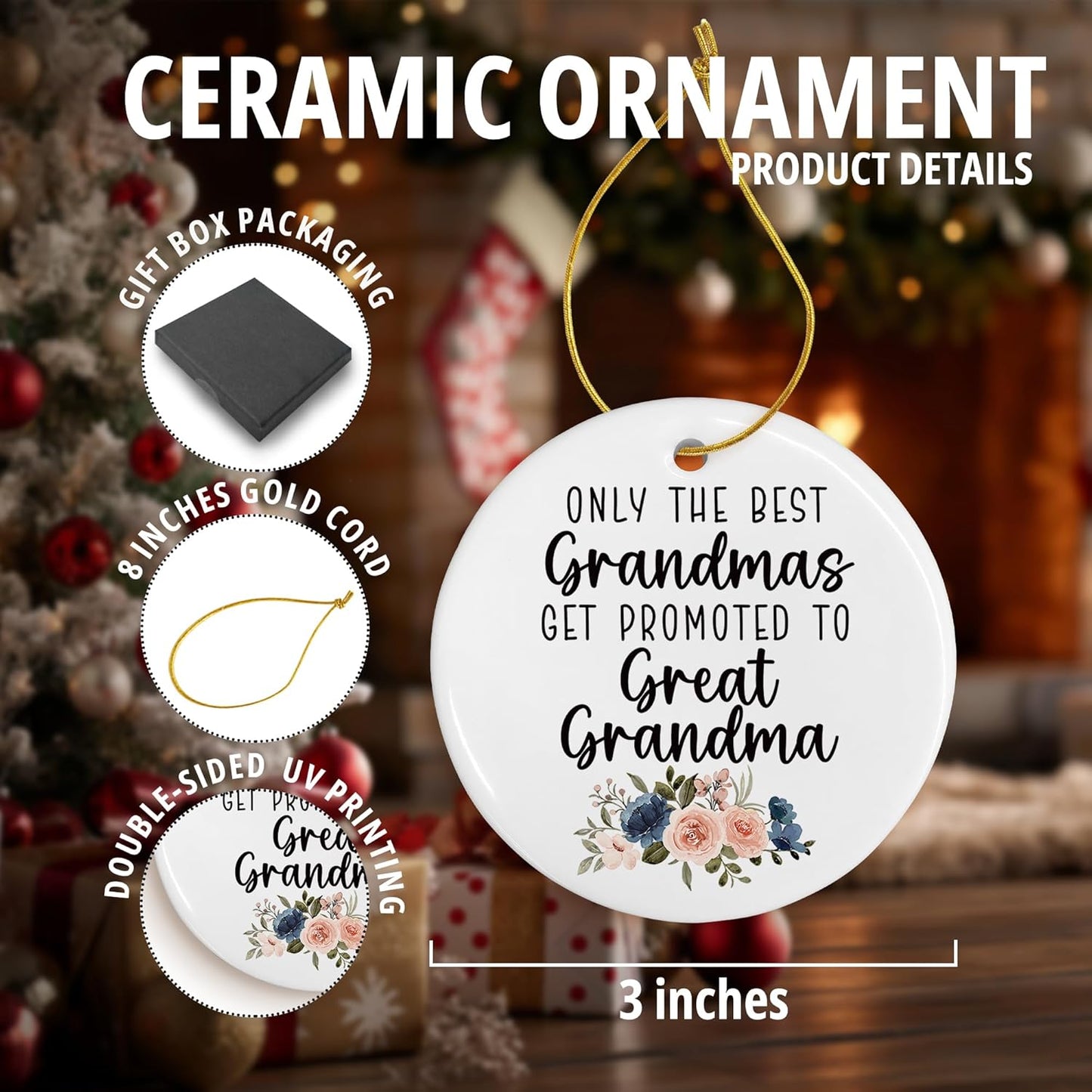 Promoted to Great Grandma Ceramic Christmas Ornaments, Great Grandma Gifts for Mother's Day, GG Baby Announcement Christmas Tree Decorations Ornaments, Gifts for GG Hanging Decor