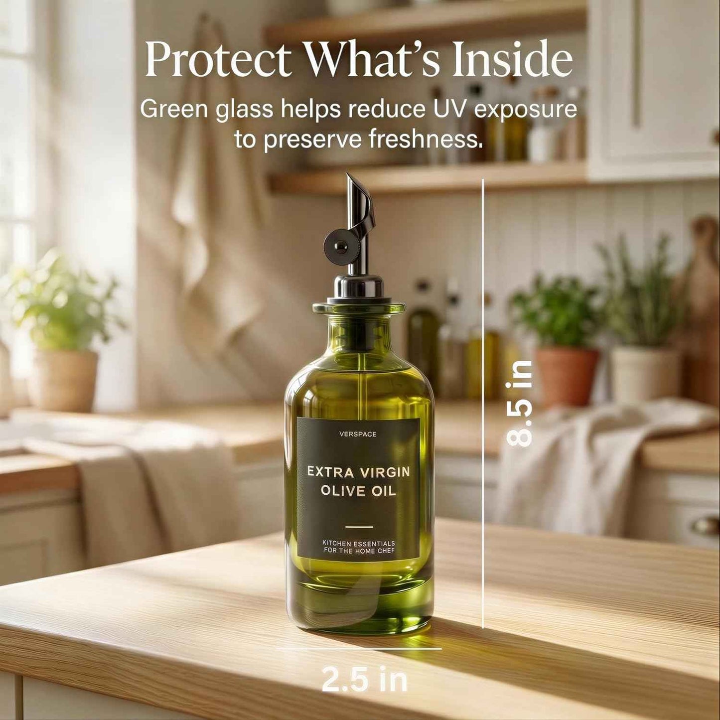 Verspace UV-Protected Green Glass Olive Oil Dispenser Bottles For Kitchen - 2 Pack - 12oz Includes 40 Kitchen Essential Labels, Avocado Oil Dispenser Set, Modern Decor for Home, Airbnb, Cafe