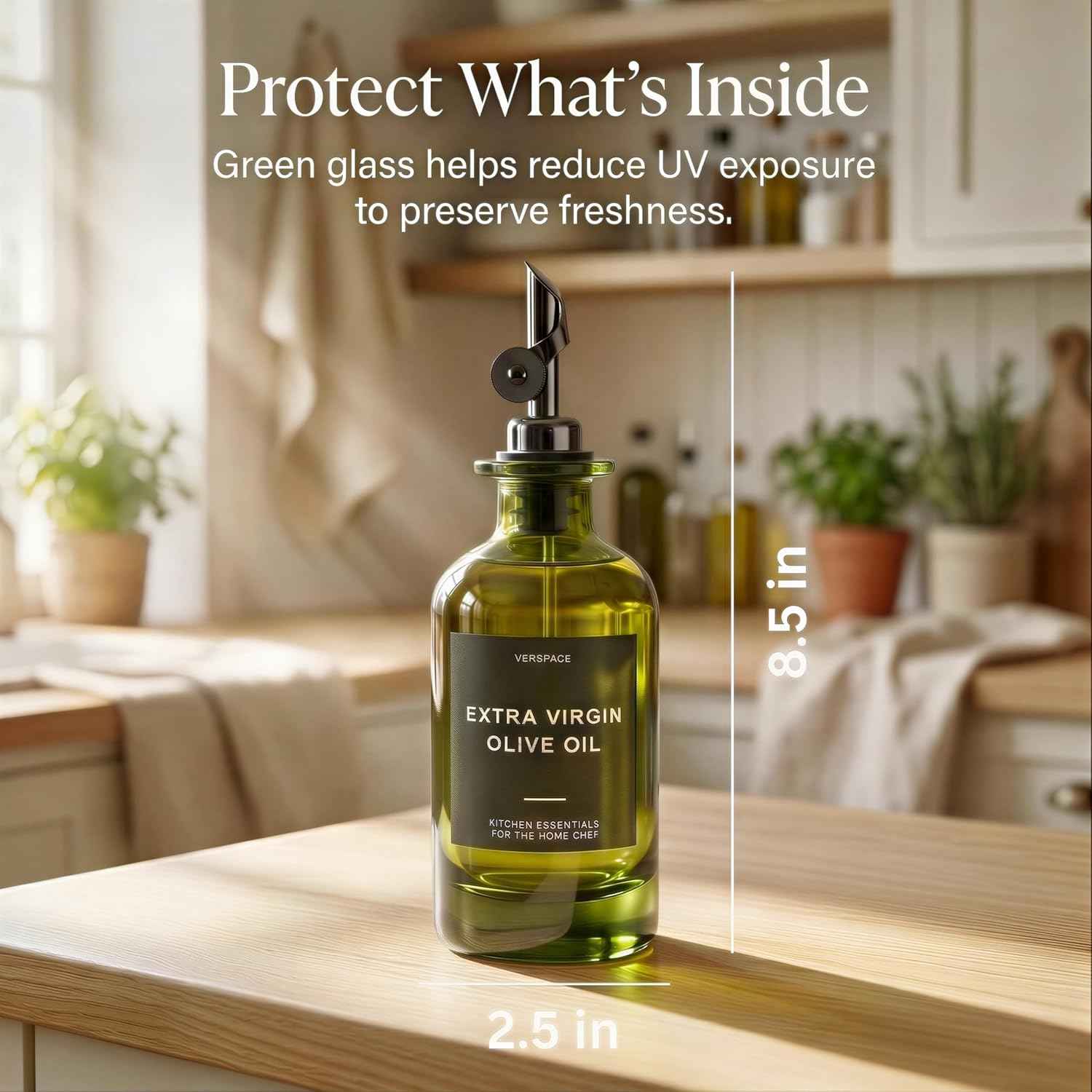 Verspace UV-Protected Green Glass Olive Oil Dispenser Bottles For Kitchen - 2 Pack - 12oz Includes 40 Kitchen Essential Labels, Avocado Oil Dispenser Set, Modern Decor for Home, Airbnb, Cafe