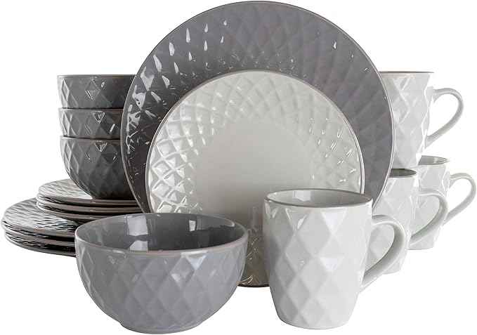Elama Round Stoneware Collection Dinnerware Dish Set, 16 Piece, Slate and Pearl