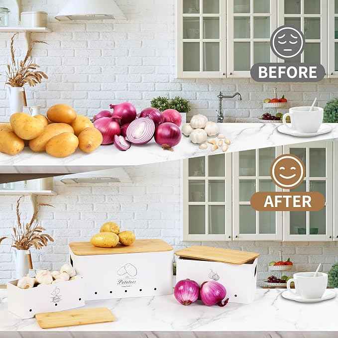 3 Pack Metal Vegetable Storage,Potato Onion Garlic Storage Set,Kitchen Canisters Vegetable Keeper,Stackable Pantry Organizers with Ventilation Holes and Bamboo Lids(WHITE)