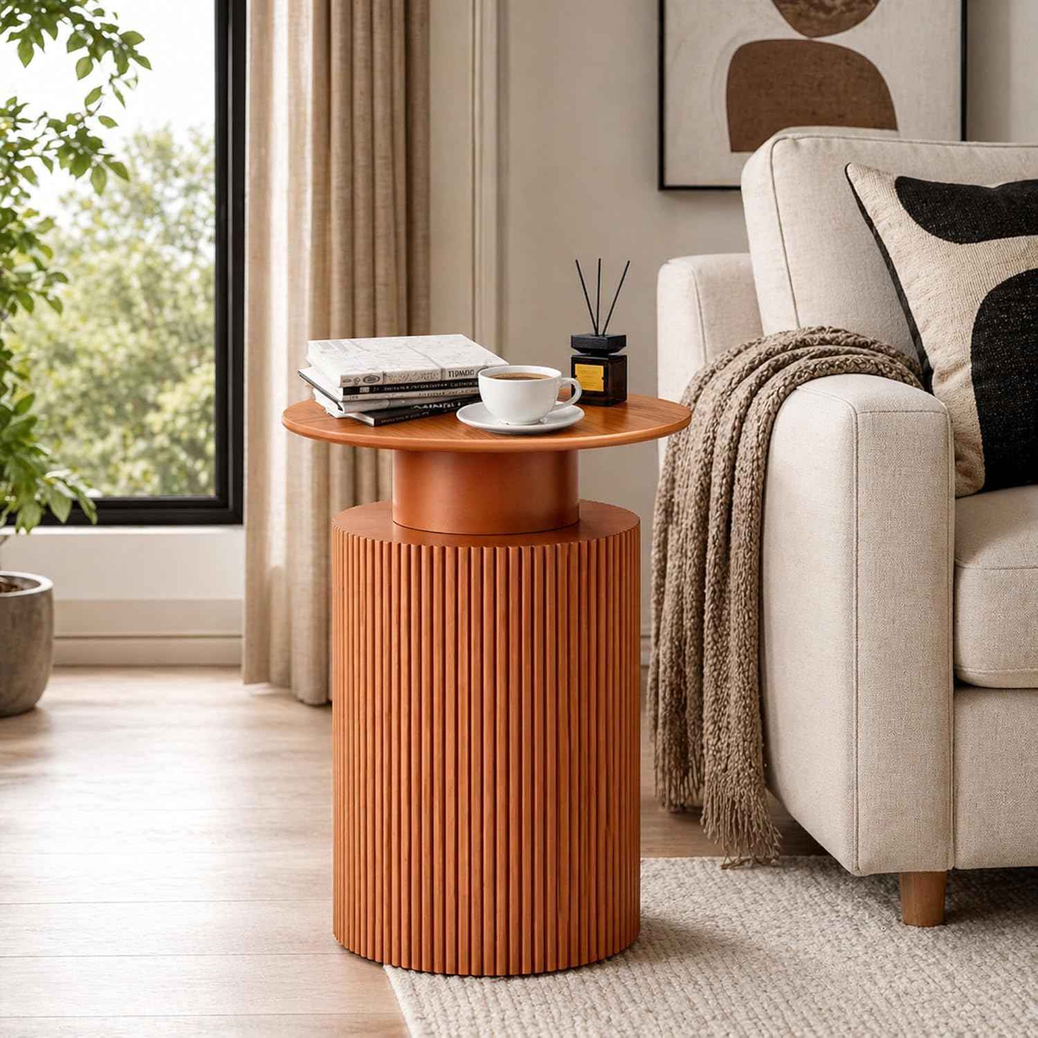 Round Side Table, 24" Fluted End Table with Storage, Mid Century Nightstand Modern Wood Bedside Accent Table, Farmhouse Circle End Tables for Couch, Home, Small Spaces, Bedroom, Living Room