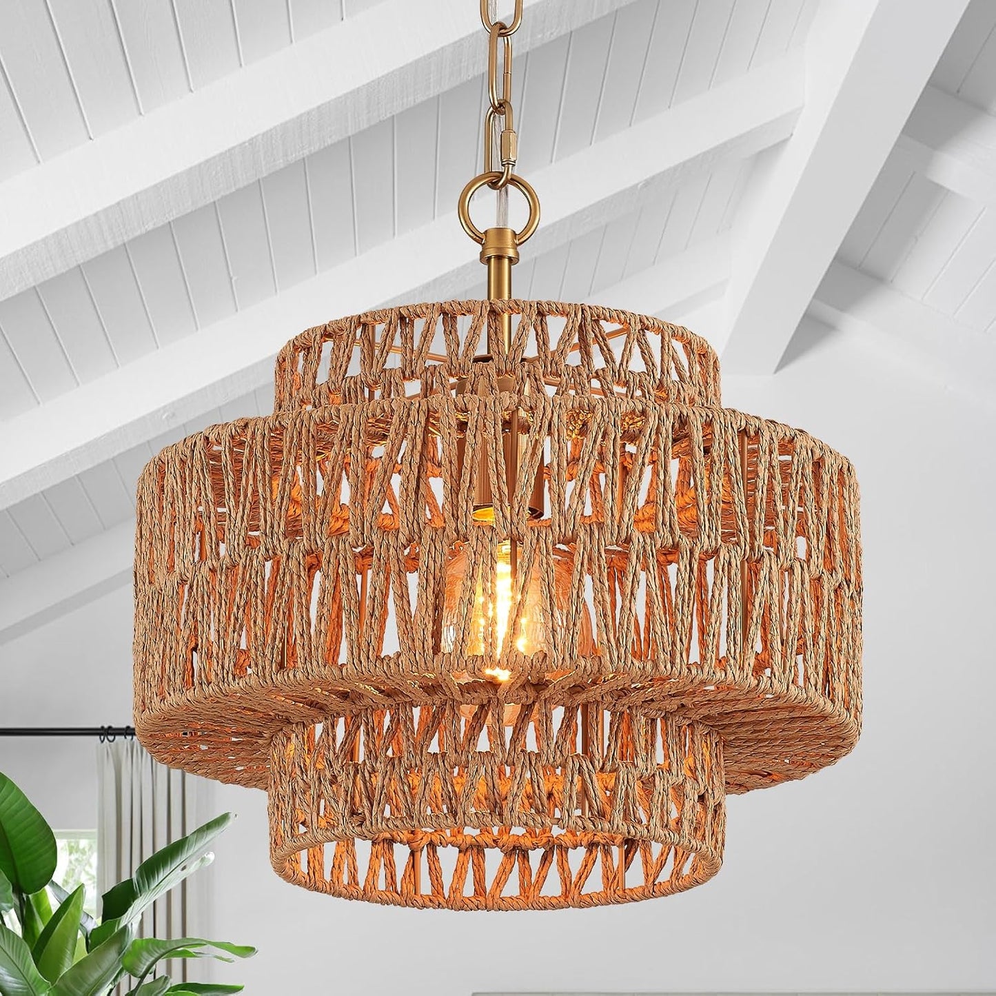 12.6" Hand-Woven Rattan Pendant Light Fixture Vintage Farmhouse Boho Bamboo Pendant Lighting Mini Drum Wicker Rattan Golden Chandelier for Kitchen Island, Bedroom, Dining Room, Entryway, Foyer