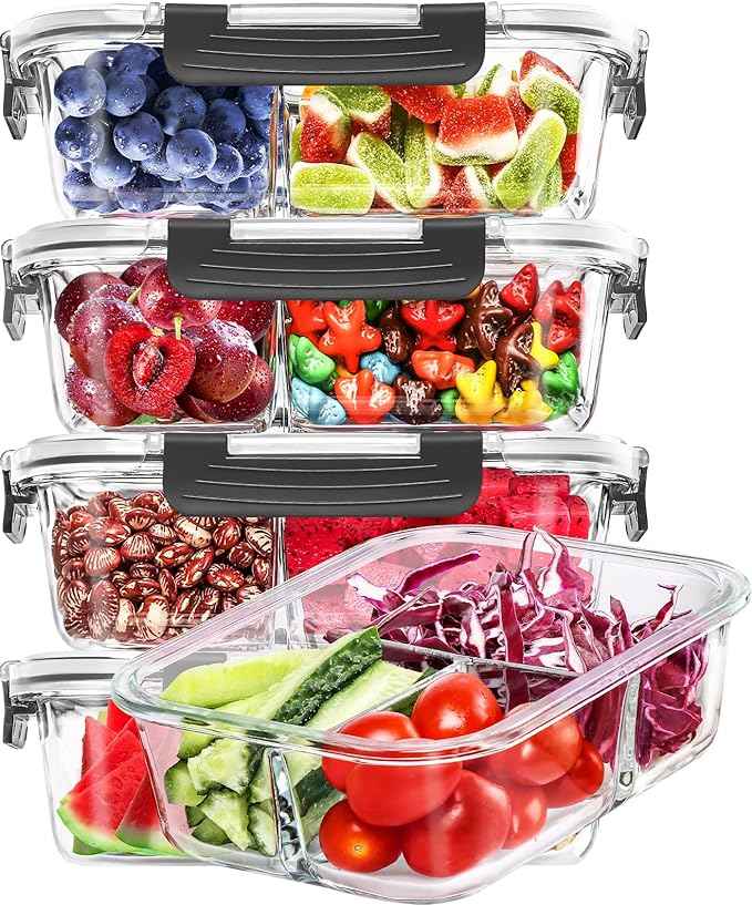 Skroam 5-Packs 36OZ Glass Airtight Food Storage Containers 3 Compartments, Meal Prep Container Set with Lids for Pantry Kitchen Organizers and Storage, BPA Free Glass Lunch Boxes Bento