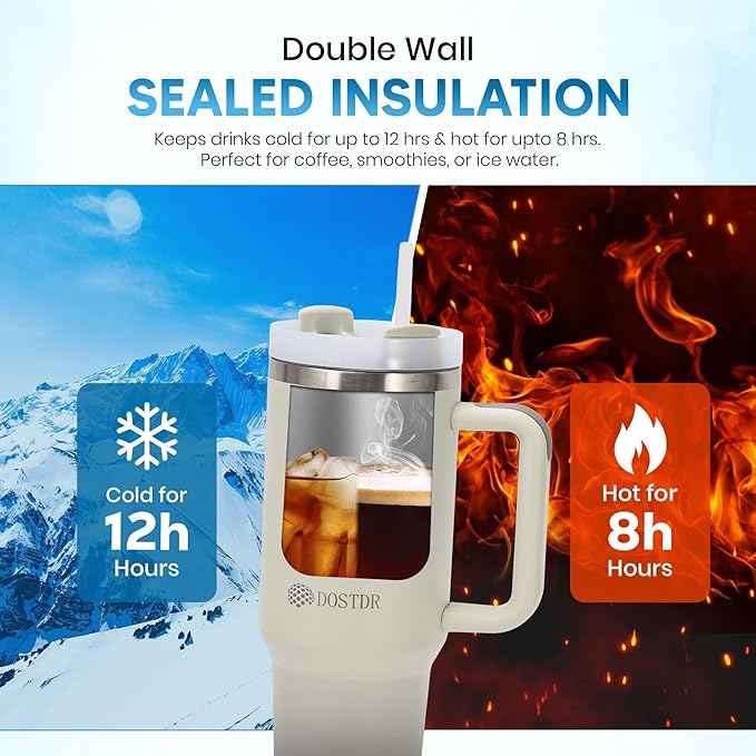 40 oz Stainless Steel Travel Tumbler, Vacuum Insulated, Two Way Lid, Straw/Sip, Hot Cold Drinks, Quencher, Wide Mouth, Coffee Water Smoothie Iced Tea, Car Gym Beach, Portable Light Weight