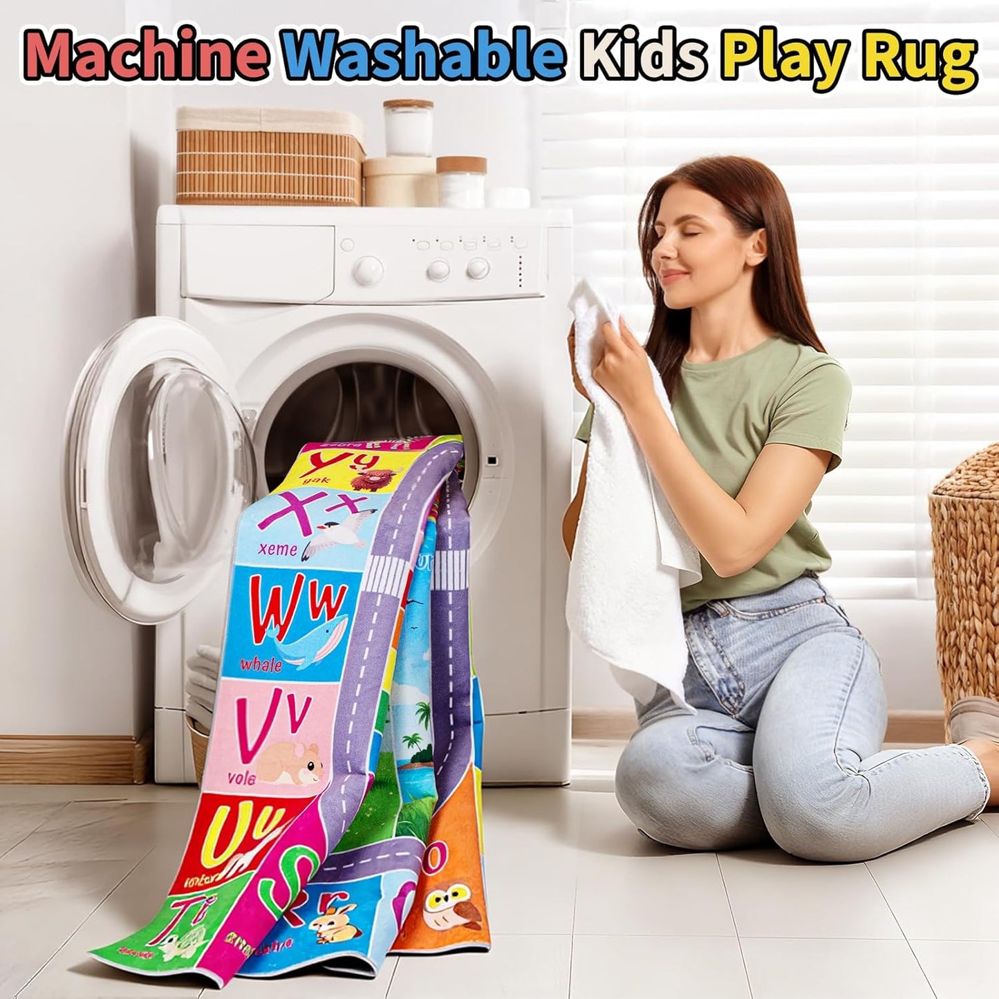 UKISS ABC Kids Rug,Toddler Educational Play Rug for Learning Alphabet, Numbers, Colors, Seasons and Animal Words,55"x55"Washable Classroom Area Rugs,Non-Slip Kids Play Mat Carpet for Playroom