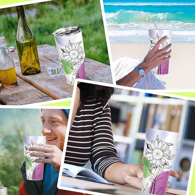 30 oz Tumbler with Lids and Straws Double Wall Insulated Tumbler Cup,Stainless Steel Leak-proof Thermal Coffee Tumbler Powder Coated Travel Mug for Cold and Hot Beverages,Sunflower
