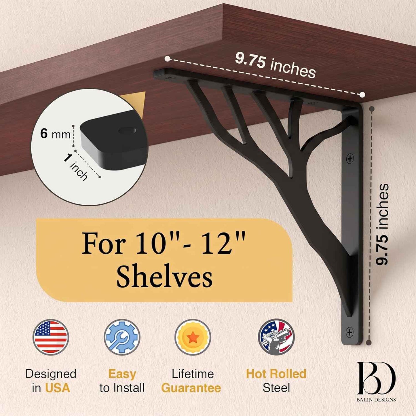 Rustic Tree Black Heavy Duty Shelf Brackets 10 inch by Balin Designs, Decorative L Brackets, Iron Metal Floating Shelf Bracket, Wall Mount Shelving Bracket, Included Hardware, Set of 4