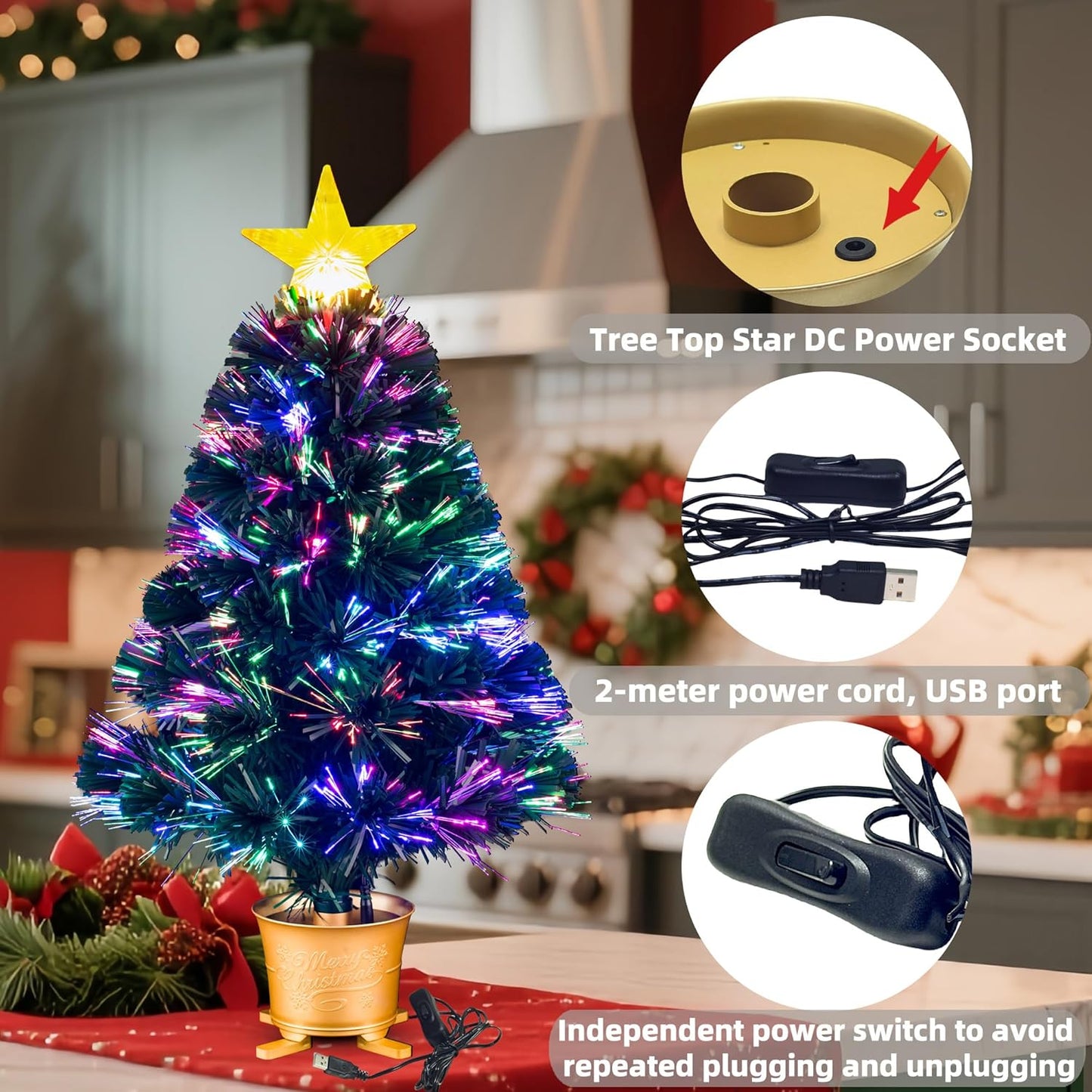 YUETJIN 24inch Pre-lit Mini Fiber Optic Tabletop Artificial Christmas Tree，Small Xmas Tree with Stars Decorations-Gold