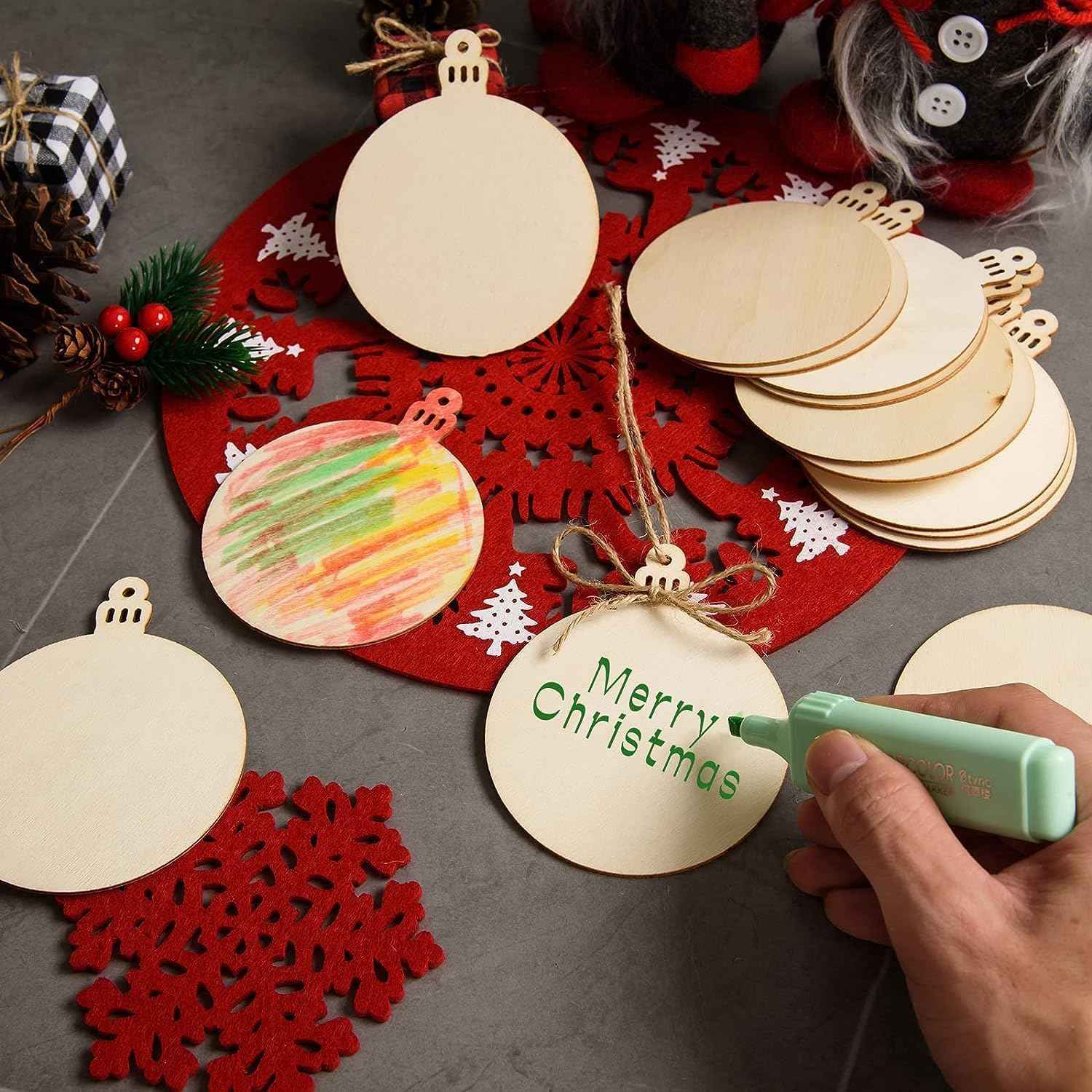 72 Pcs Unfinished Wooden Circles with Holes - Blank Round Wood Discs Slices - Wooden Christmas Hanging Ornaments with Twine for DIY Crafts Present Tags Xmas Party Decor, 3.1x4